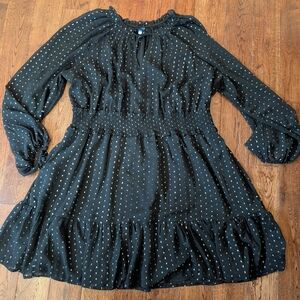 EUC Old Navy Womens XL Black Waist-Defined Metallic Swiss Dot Smocked Mini Dress